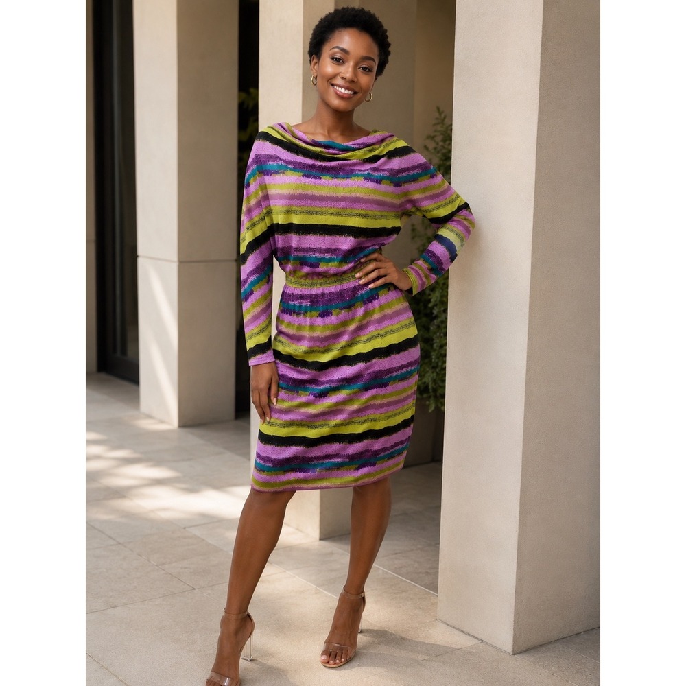 Sharon Young Multicolor Striped Dress Size 8 NWT | Elegant Belted Career Dress
